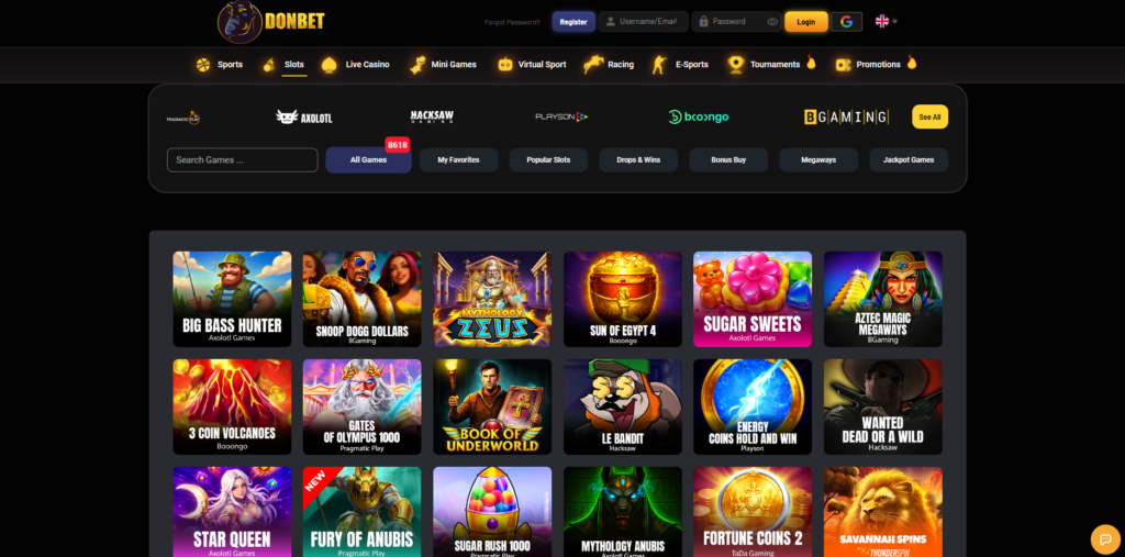 DonBet Casino and sportsbook platform showing the game lobby for non GamStop players