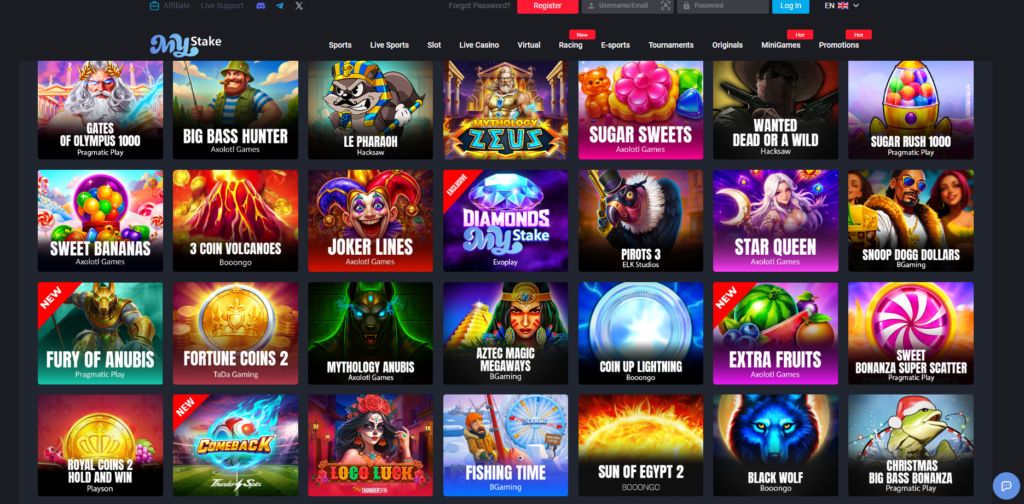 MyStake Casino showing its extensive game library and sports betting section