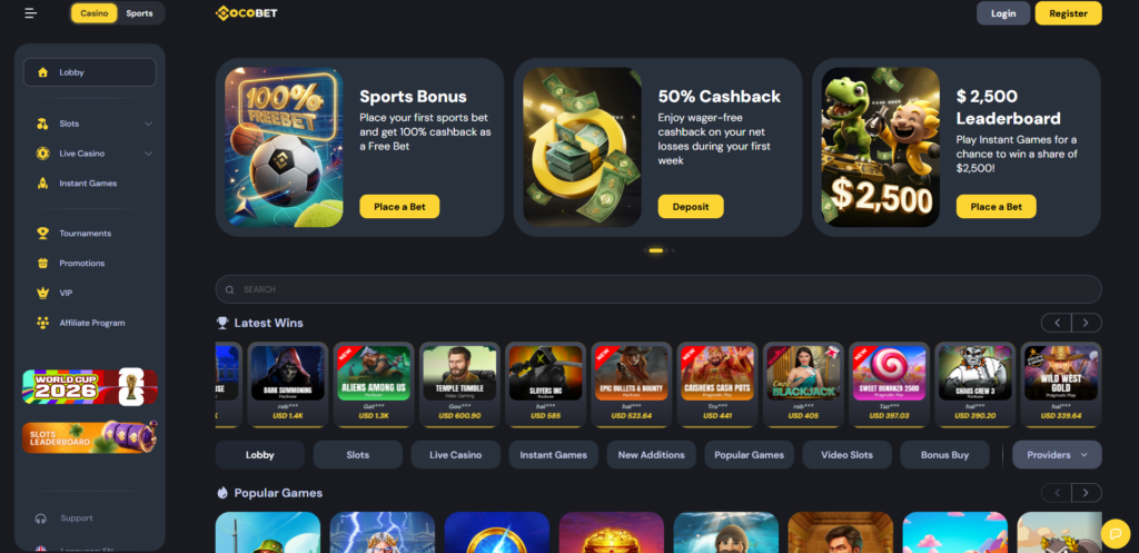 CocoBet Casino interface displaying crypto payment options and game selection