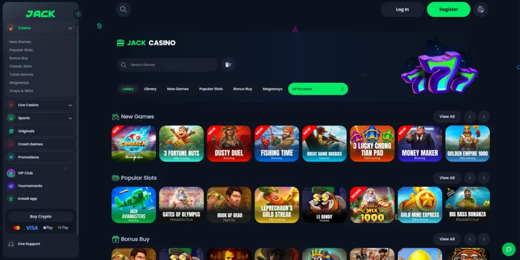 JACK Casino homepage showing crypto payment options and game lobby